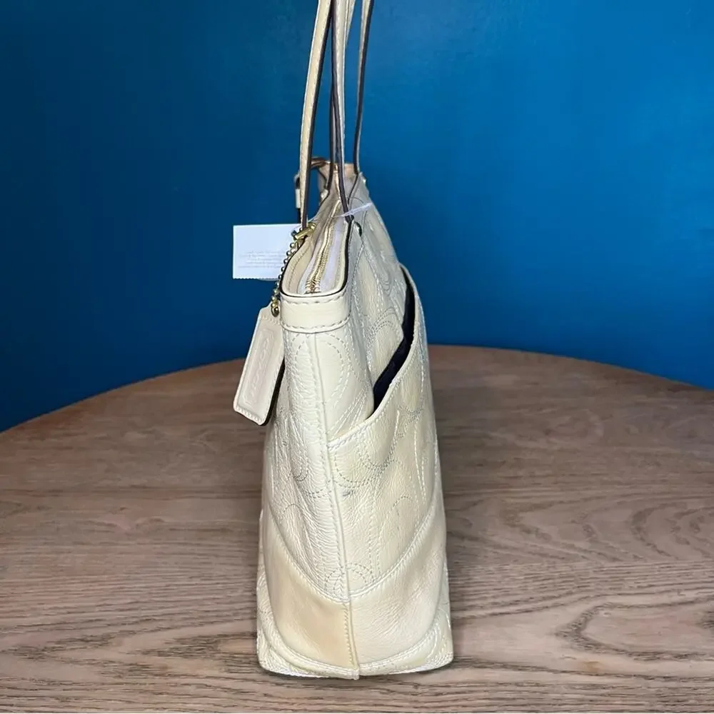 NWT Coach Signature Patent Leather Stitched Stripe Small Tote Butter Cream